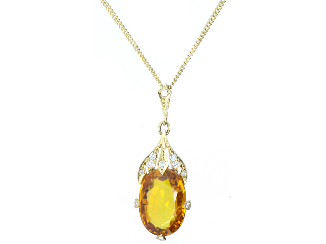 Art Deco Citrine & Diamond Drop Pendant on Chain (403G) | The Antique ...