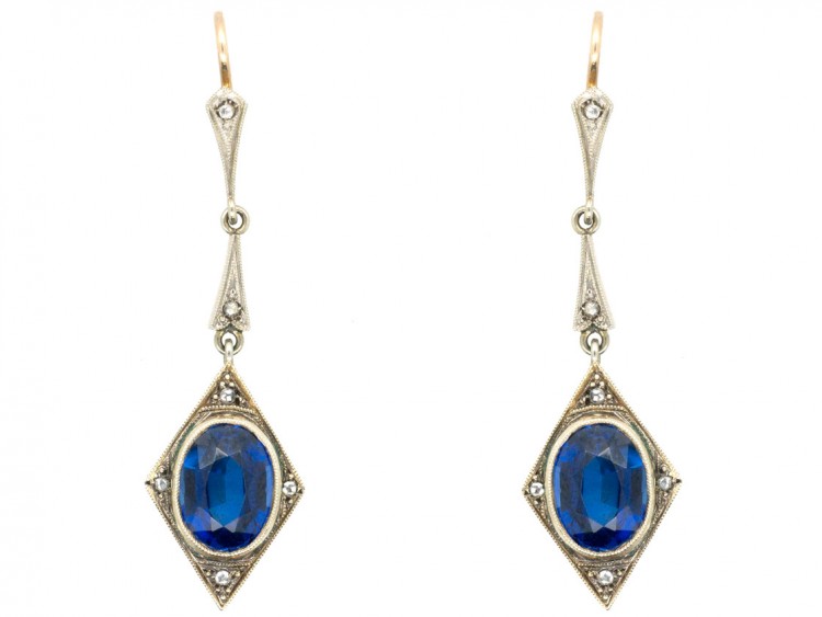 Art Deco Synthetic Sapphire & Diamond Drop Earrings