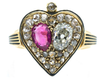 Victorian 18ct Gold Diamond & Ruby Double Heart Ring within a Spade