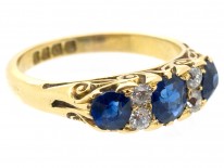 Victorian 18ct Gold Three Stone Sapphire & Diamond Ring