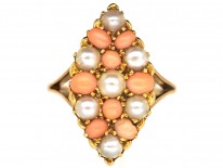 Victorian 9ct Gold Coral & Natural Split Pearl Marquise Ring