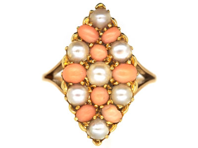 Victorian 9ct Gold Coral & Natural Split Pearl Marquise Ring