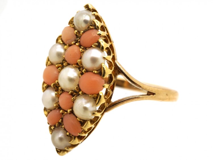 Victorian 9ct Gold Coral & Natural Split Pearl Marquise Ring