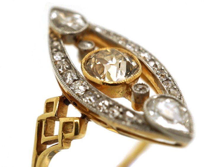 Art Deco Diamond Marquise Ring set with a Central Fancy Peach Diamond