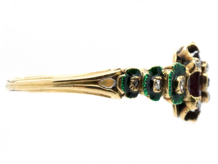 Victorian 18ct Gold Holbeinesque Ring with Diamonds, Green Enamel & Garnet