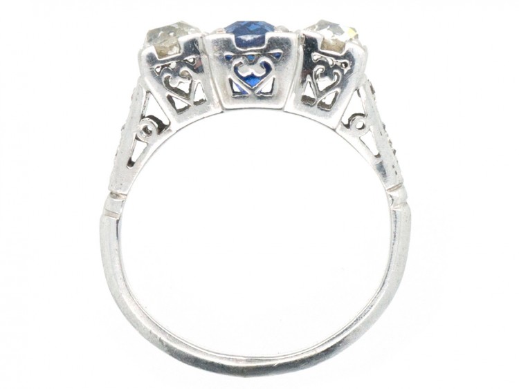 Art Deco Platinum Three Stone Sapphire & Diamond Ring