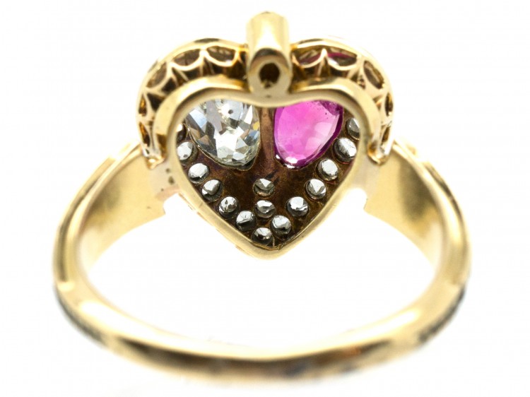 Victorian 18ct Gold Diamond & Ruby Double Heart Ring within a Spade