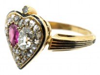 Victorian 18ct Gold Diamond & Ruby Double Heart Ring within a Spade