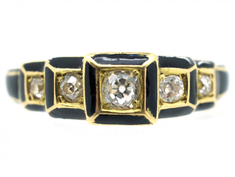 Victorian 18ct Gold Black Enamel & Diamond Five Stone Ring