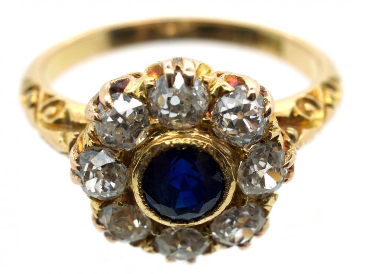 Edwardian 18ct Gold Diamond & Sapphire Cluster Ring