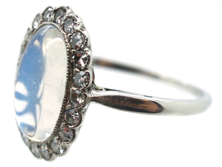Edwardian Platinum, Moonstone & Diamond Oval Cluster Ring