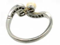 Art Nouveau 18ct White Gold Diamond & Natural Pearl Crossover Ring