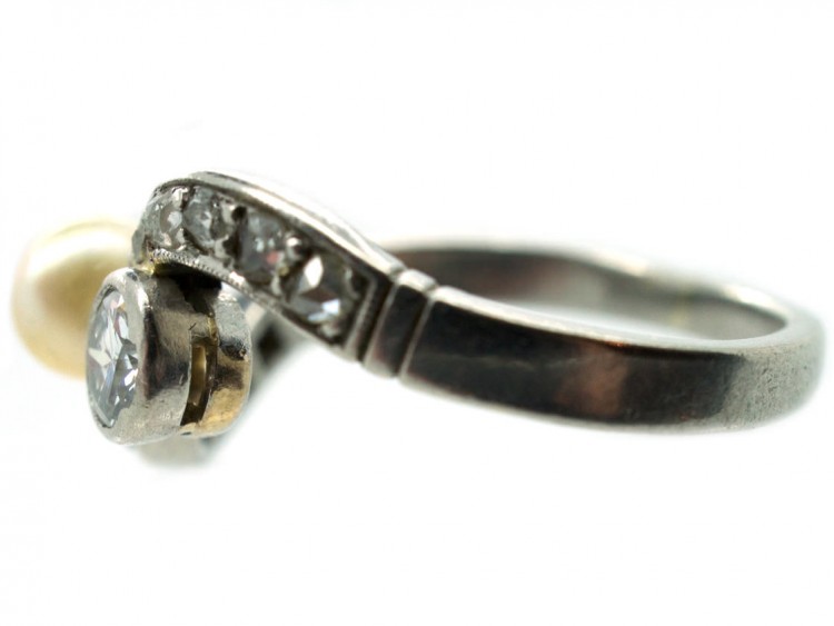 Art Nouveau 18ct White Gold Diamond & Natural Pearl Crossover Ring