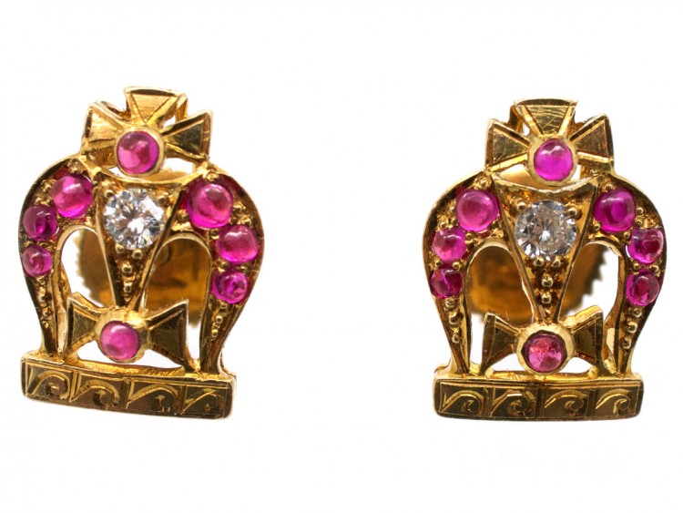 14ct Gold Ruby & Diamond Queen's English Coronation Crown Earrings