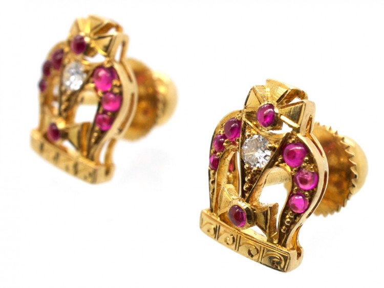 14ct Gold Ruby & Diamond Queen's English Coronation Crown Earrings