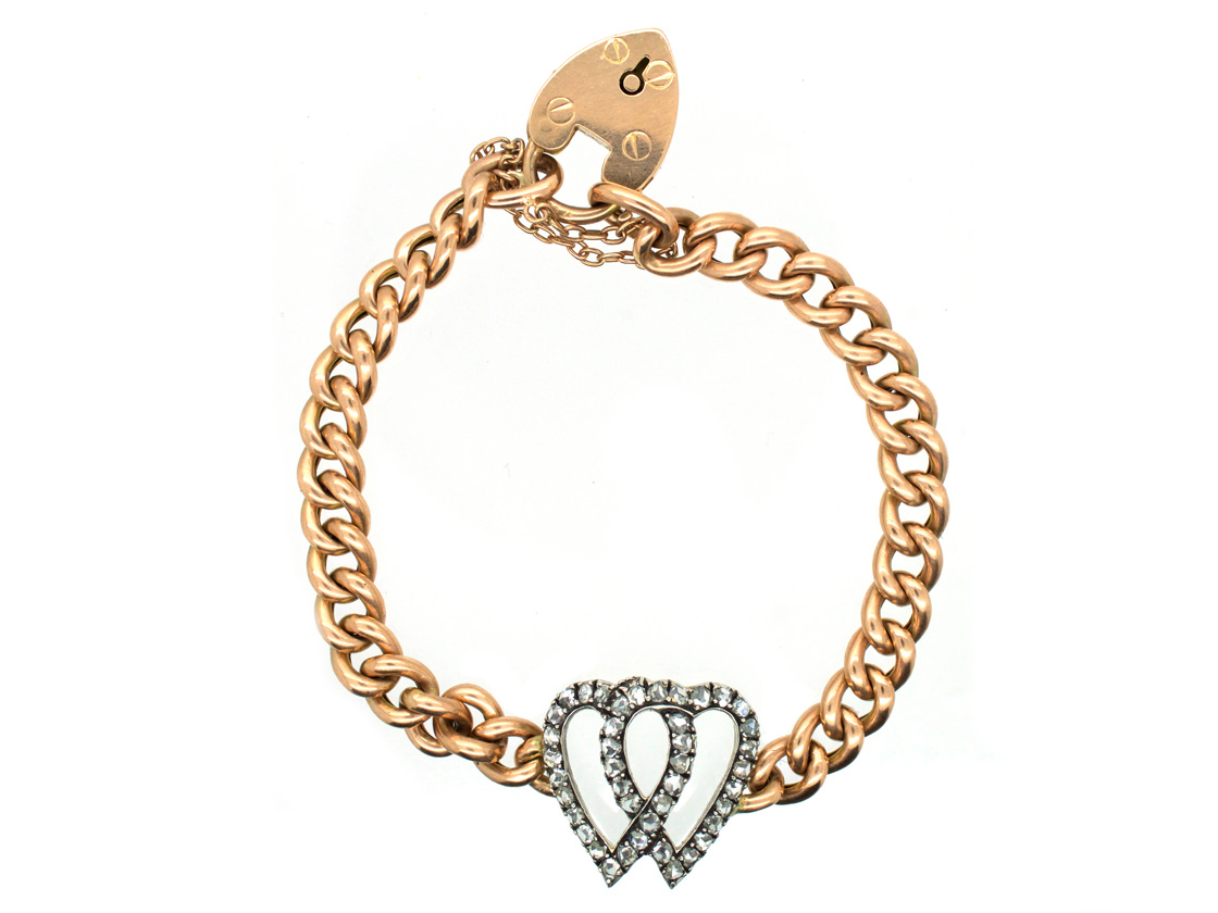 Edwardian 15ct Gold & Rose Diamond Double Heart Bracelet (474G) The