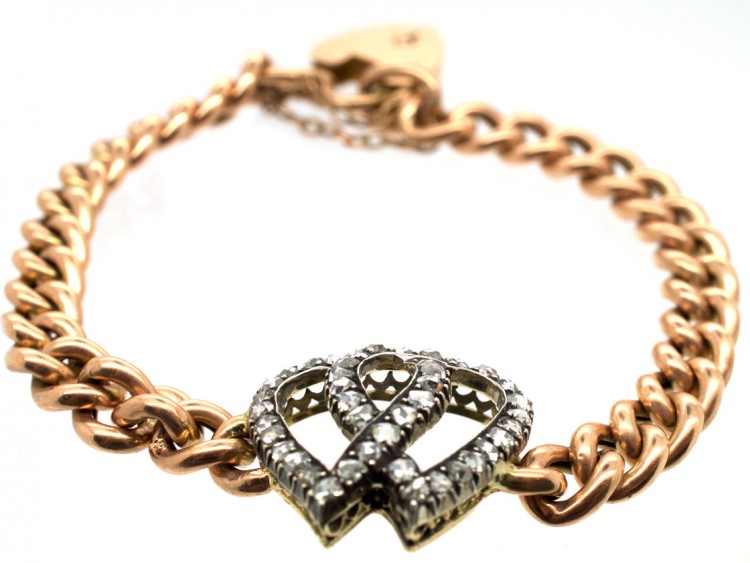 Edwardian 15ct Gold & Rose Diamond Double Heart Bracelet