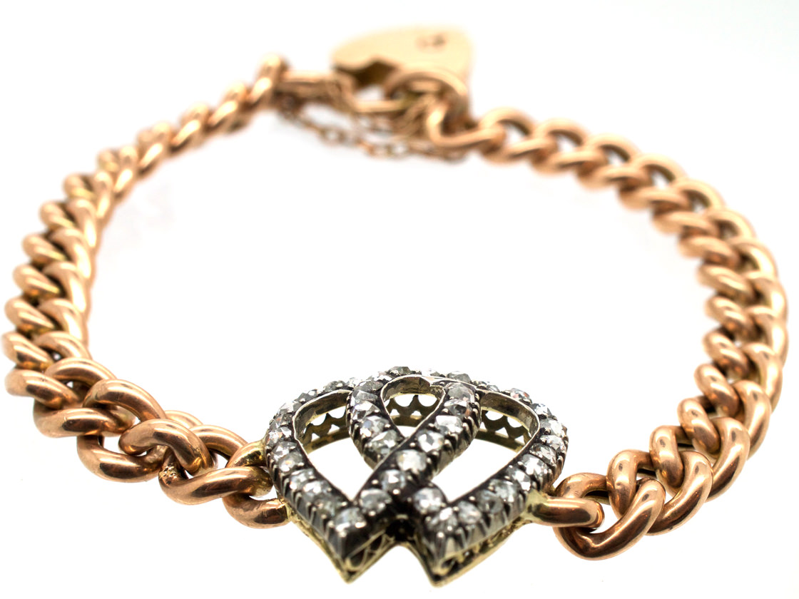 Edwardian 15ct Gold & Rose Diamond Double Heart Bracelet (474G) The