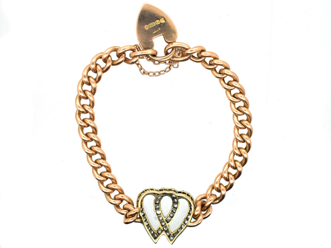 Edwardian 15ct Gold & Rose Diamond Double Heart Bracelet (474G) The