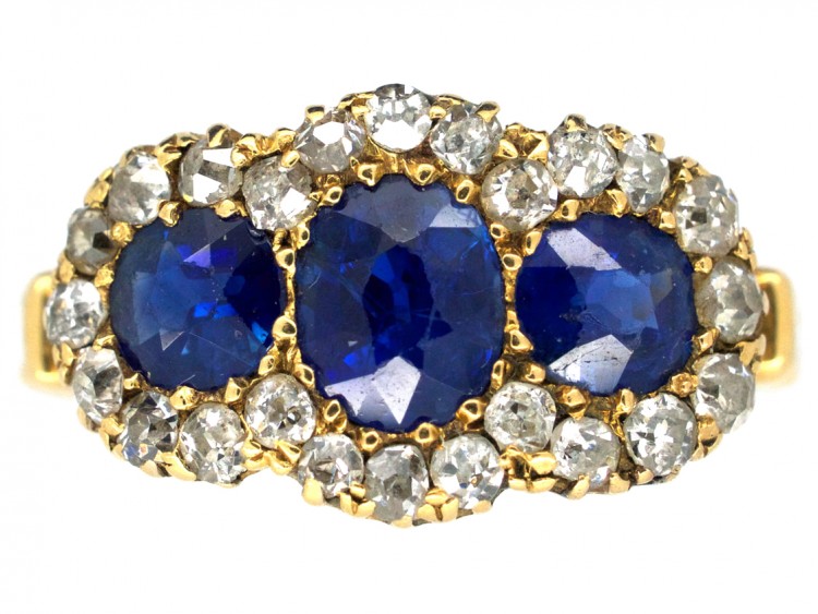 Edwardian 18ct Gold Triple Cluster Diamond & Sapphire Ring