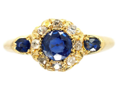 18ct Gold Edwardian Sapphire & Diamond Cluster Ring with Sapphire Shoulders