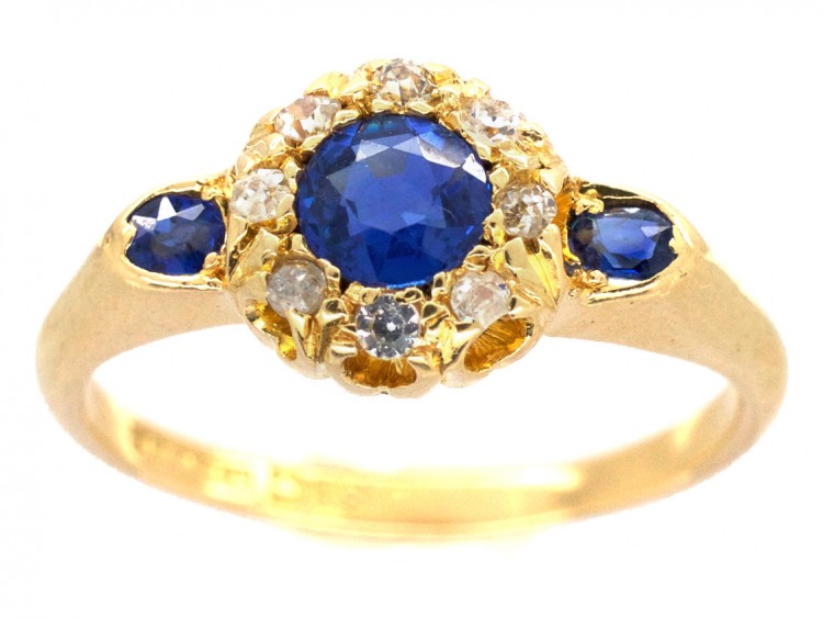 18ct Gold Edwardian Sapphire & Diamond Cluster Ring with Sapphire Shoulders