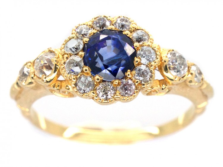 Edwardian 18ct Gold Sapphire & Diamond Cluster Ring with Diamond Shoulders