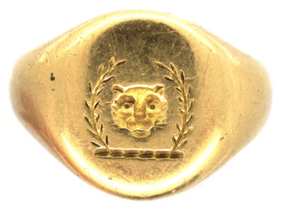 Victorian 18ct Gold Signet Ring with Lion’s Head & Laurel Leaves Intaglio