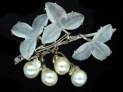 Carved Rock Crystal, Pearl & Diamond Brooch of Leaves & Flowers