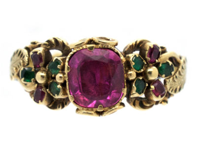 Late Georgian 15ct Gold, Ruby & Emerald Double Pansy Ring with Central Ruby