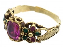 Late Georgian 15ct Gold, Ruby & Emerald Double Pansy Ring with Central Ruby