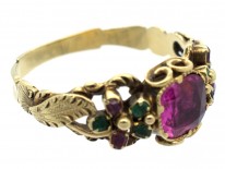 Late Georgian 15ct Gold, Ruby & Emerald Double Pansy Ring with Central Ruby