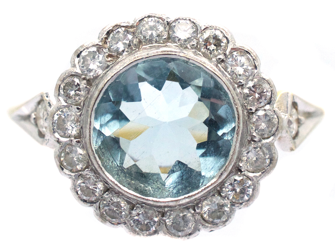 Edwardian 18ct Gold & Platinum, Diamond & Aquamarine Cluster Ring (114 ...