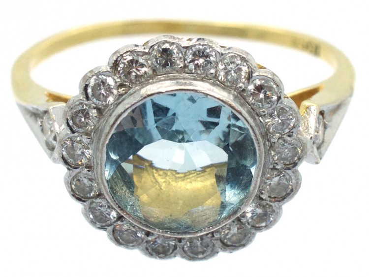 Edwardian 18ct Gold & Platinum, Diamond & Aquamarine Cluster Ring