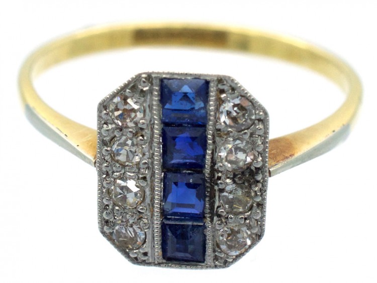 18ct Gold & Platinum Art Deco Sapphire & Diamond Octagonal Ring