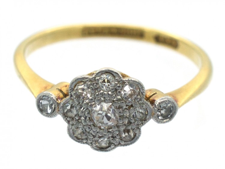 18ct Gold & Platinum Edwardian Diamond Cluster Ring with Diamond Shoulders