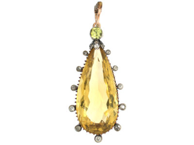 Edwardian 15ct Gold Large Pear Shaped Edwardian Gold, Citrine, Diamond & Chrysolite Pendant