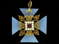 Georgian Three Colour Gold Maltese Cross Pendant set with Chalcedony & A Ruby
