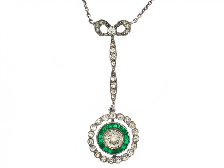 Edwardian Silver, Green & White Paste Pendant on a Silver Chain