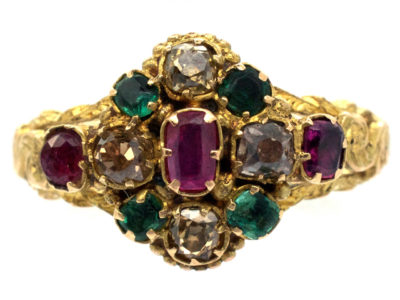 Regency 15ct Gold Emerald, Ruby & Topaz Cluster Ring