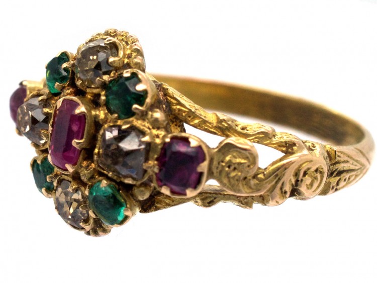 Regency 15ct Gold Emerald, Ruby & Topaz Cluster Ring
