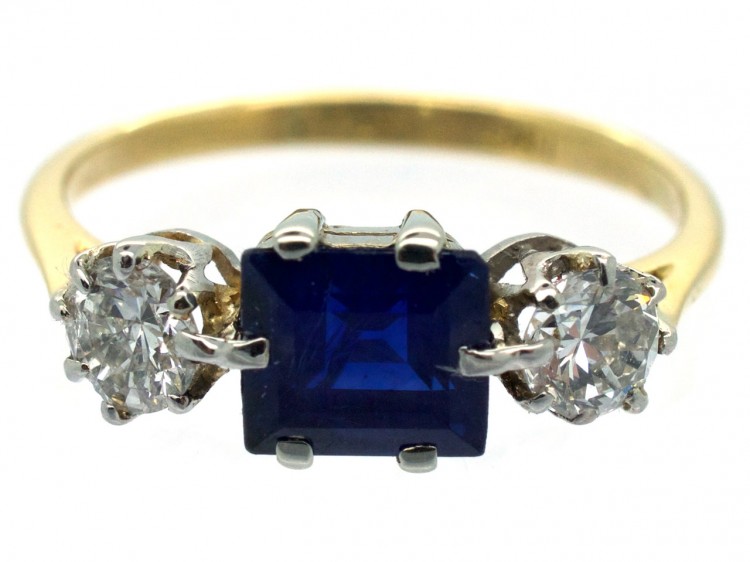 18ct Gold & Platinum Art Deco Sapphire & Diamond Three Stone Ring