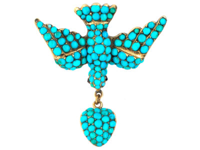 Georgian 18ct Gold & Turquoise Dove of Peace Brooch with Heart Drop