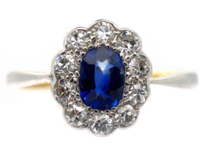 Edwardian 18ct Gold & Platinum Diamond & Sapphire Oval Cluster Ring