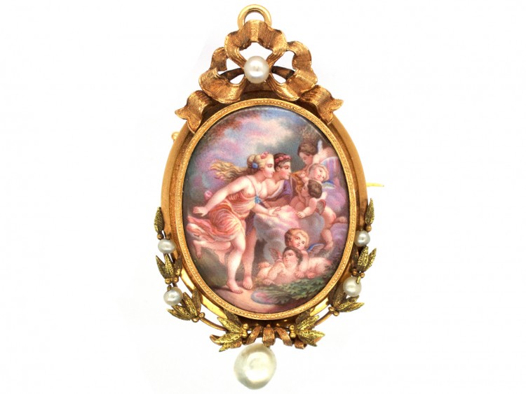 French 18ct Gold Enamelled Pendant Brooch After Boucher