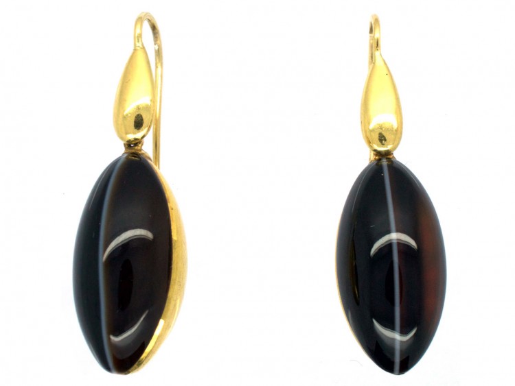 Victorian 18ct Gold & Banded Onyx Drop Earrings