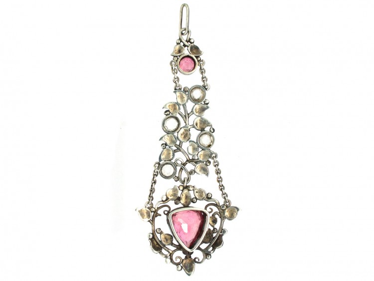 Arts & Crafts Silver Pendant set with Rock Crystal & Pink Tourmalines