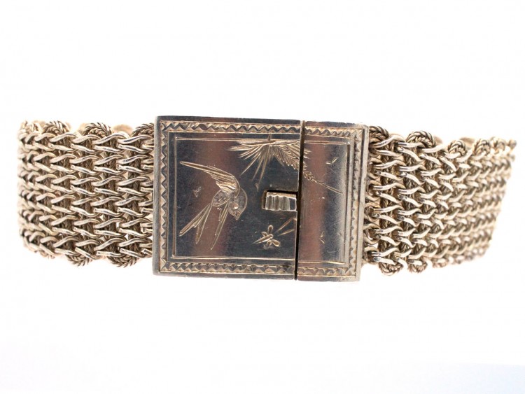 Victorian Woven Silver Bracelet with Swallow Motif Clasp
