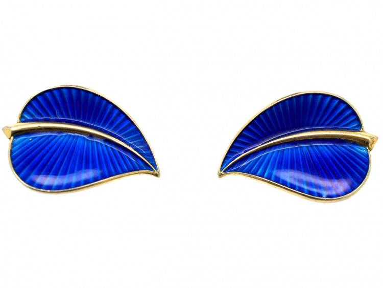 Silver Gilt Norwegian Blue Enamel Clip On Leaf Earrings