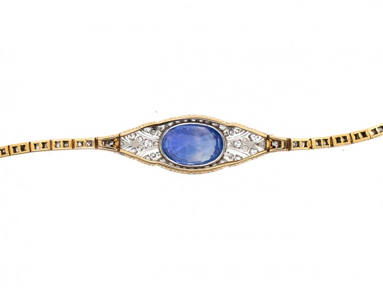 18ct Gold & Platinum Natural Ceylon Sapphire & Diamond Art Deco Bracelet